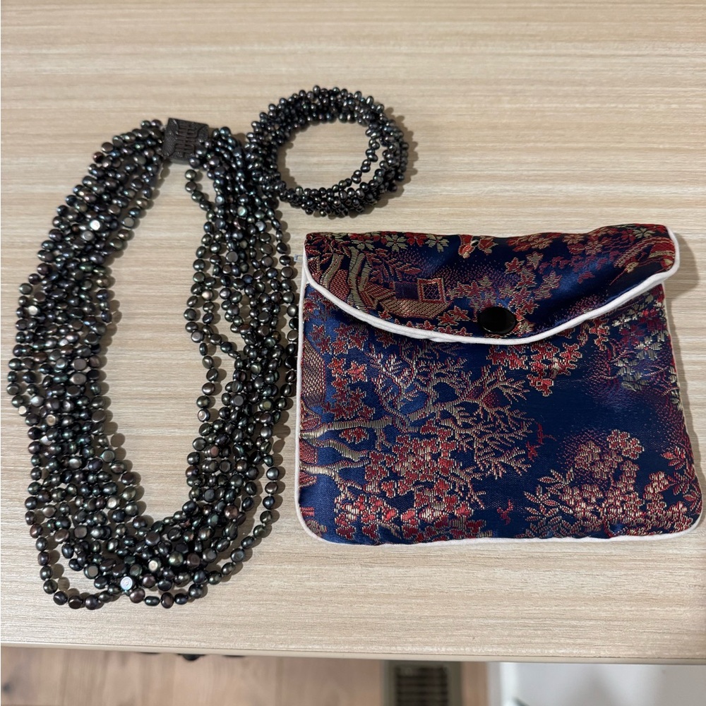 Sterling Tahitian Peacock Freshwater Pearl Multi Strand Necklace and bracelet